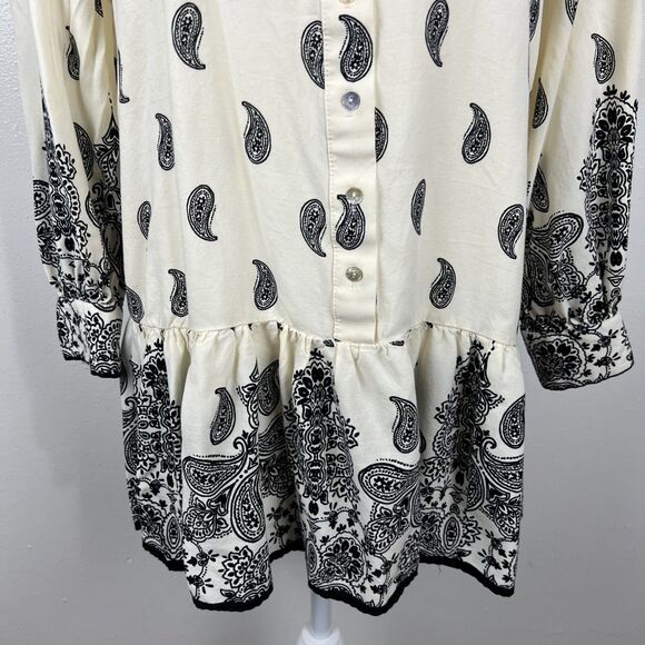 H&M Dress Women Small Beige Black Paisley All Over Print Long Sleeve Peplum Mini - Picture 9 of 15